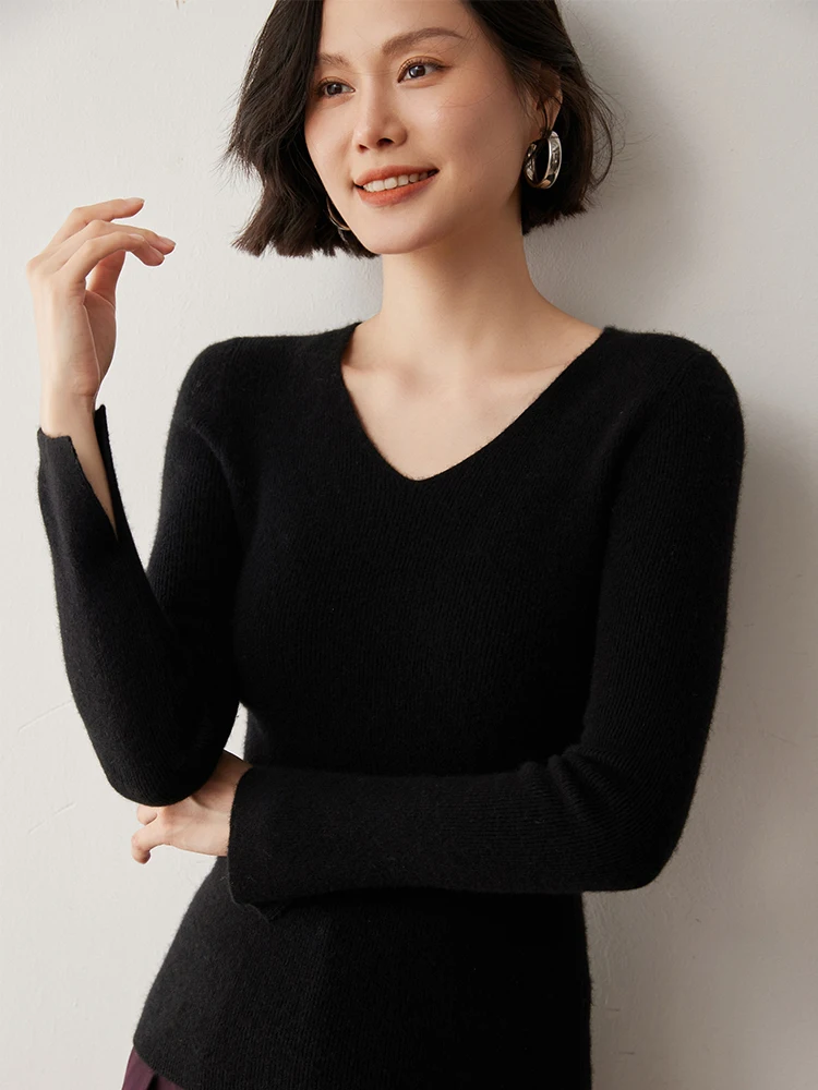 CHICUU Women V-neck Base Slim Pullover Sweater 100% Cashmere Knitwear Autumn Winter Soft Warm Cashmere Sweater Tops