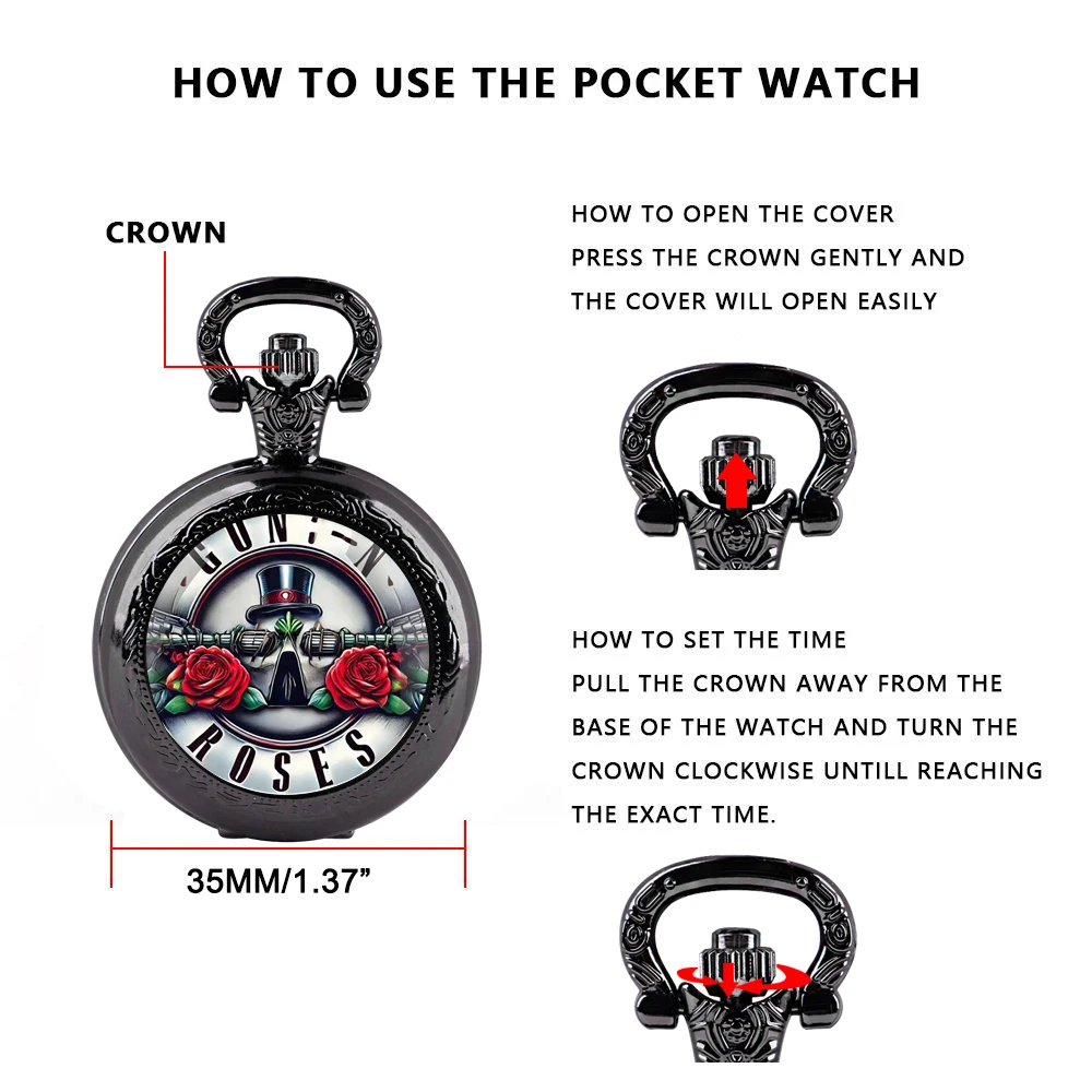 Orologio da tasca vintage al quarzo Gun's N Roses Rock Logo Design Orologio da tasca Collana con ciondolo per uomo Donna Regalo di compleanno per bambini