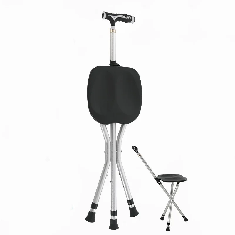 

2in1 Folding Walking Stick Tripod Stool Adjustable Height Anti-Slip Elderly Walking Cane Crutch Chair Rest Stool with LED Light