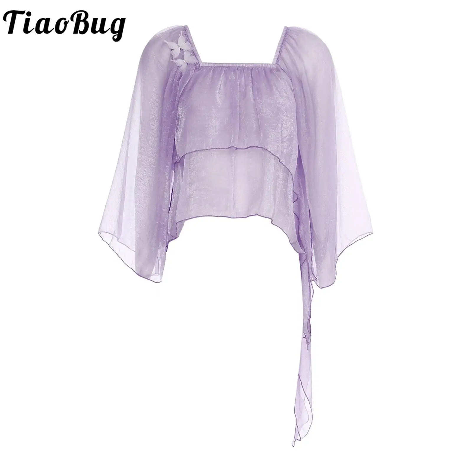 

Women Shimmering Sheer Blouse Tops with Butterfly Brooches Slit Flared Sleeve Tiered Flowy Cover Up Classical Dance Costume