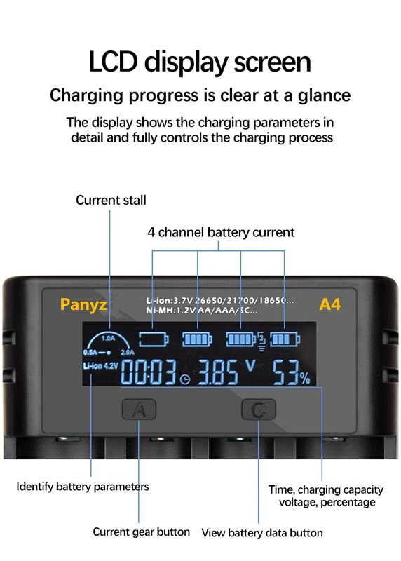 Panyz LCD Battery Charger for 18650 26650 21700 10440 14500 16340 AA AAA Nickel NiMH Smart Charger For Rechargeable Battery