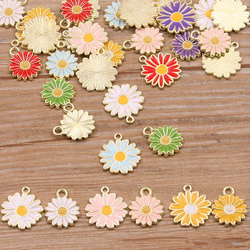 10Pcs 7Color 2 Style Alloy Metal Drop Oil Colorblock Daisies Charm Flower Plant Pendant For DIY Bracelet Necklace Jewelry Making