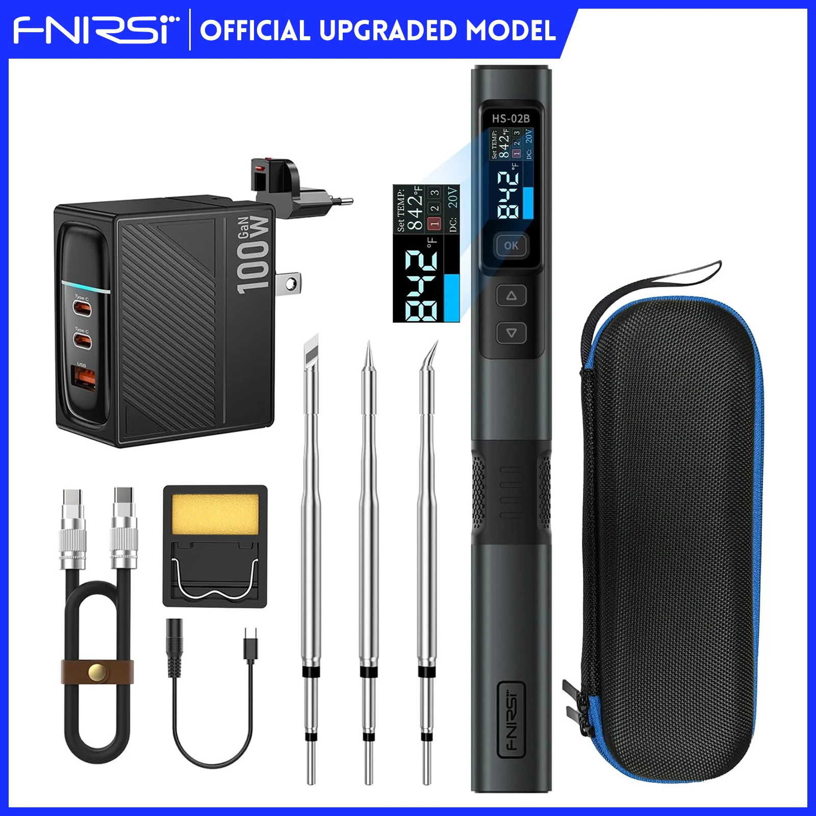 

FNIRSI HS-02B Smart Electric Soldering Iron PD 100W Adjustable Temperature Fast Heat Portable Soldering Iron Station Kit