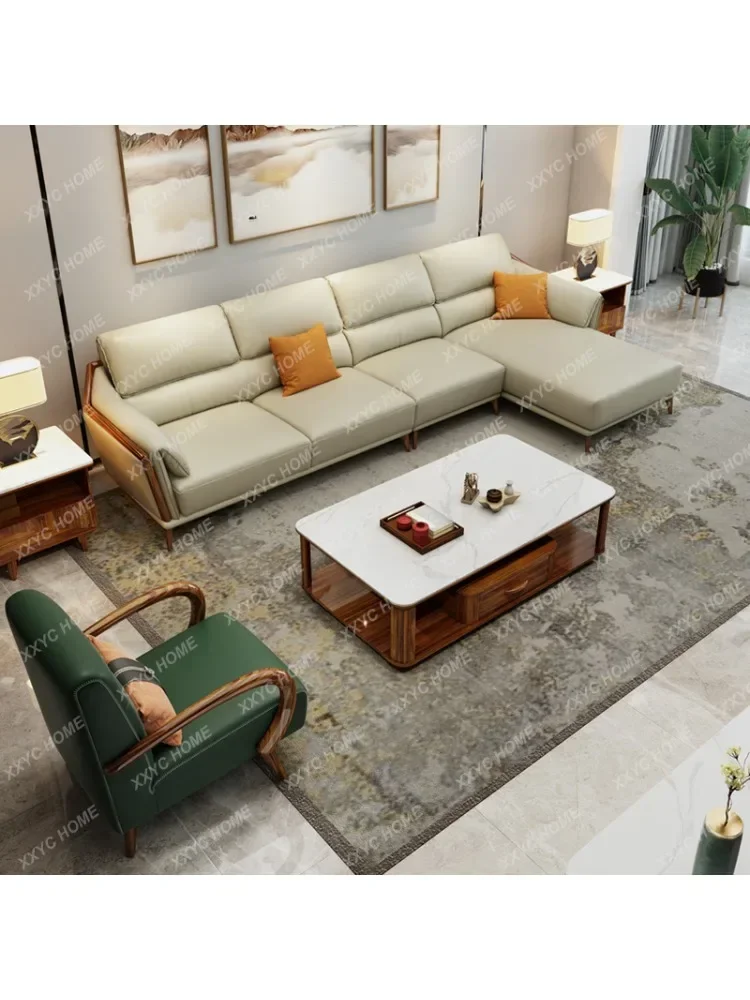 Ugyen Wood Modern Top Layer Leather Corner Sofa Small Apartment Solid Wood New Chinese Furniture Combination