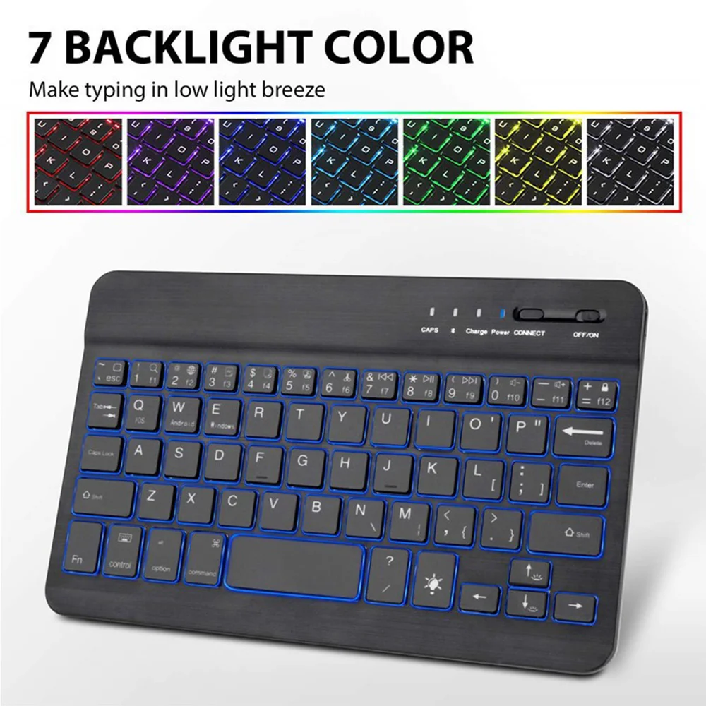 Wireless 7 Backlit Color Keyboard Bluetooth Keyboard for Tablet Laptop Rechargeable Arabic Russian Spanish Portuguese Keyboard