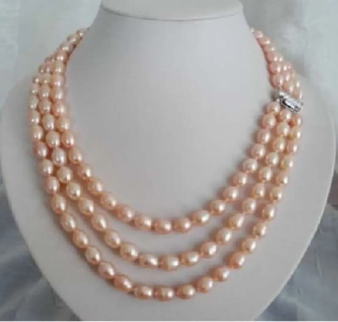 

3 row Charming natural 8-9mm south sea pink pearl necklace jewelry AAA