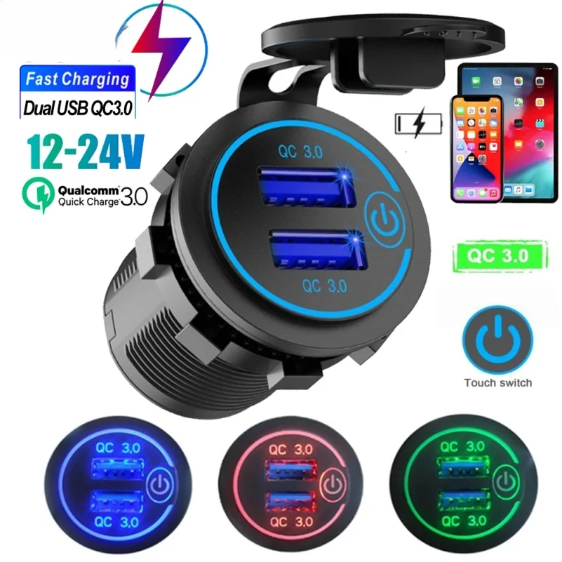 Dual QC 3.0 Dual USB Fast Car Charger Socket 12V/24V waterproof with Switch Auto Car Quckly Charge Adapter Power Outlet