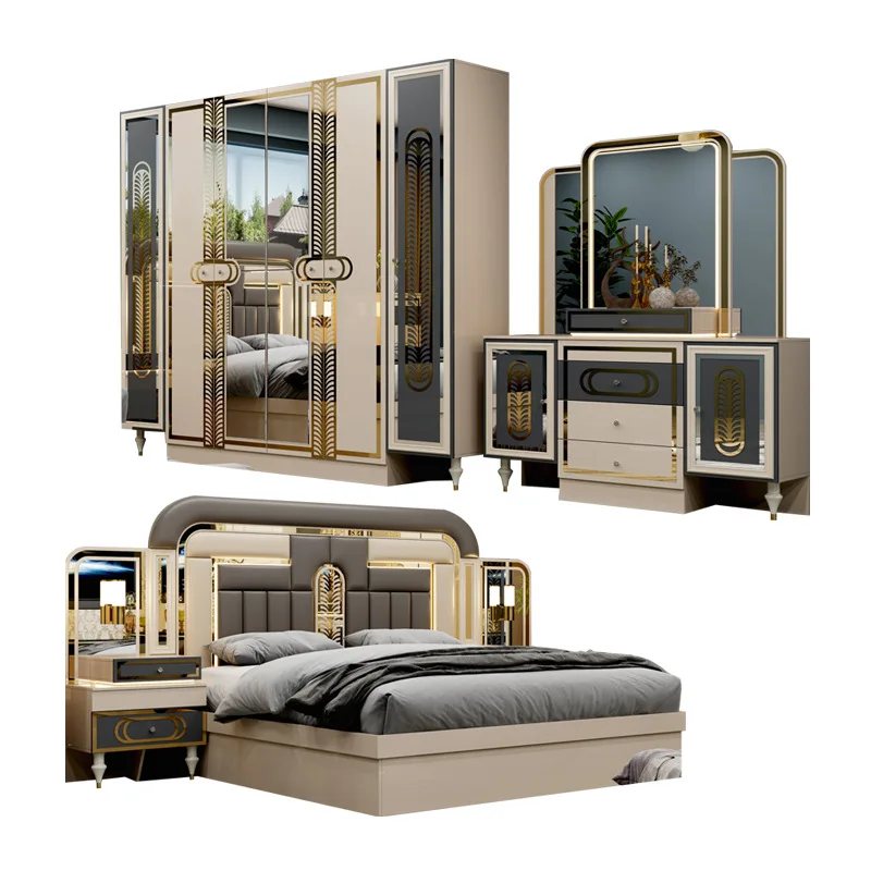 

#Factory Wholesale Modern Style Luxury Suite Bedroom Furniture Set 5-Piece Set Wardrobe King Bed End Bench Dressing Table