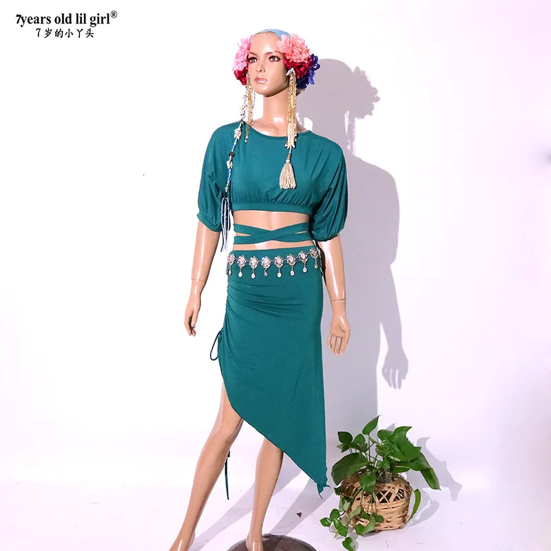 customized belly Latin dance costume ethnic dance warm mesh chest support clothes finger long/short sleeves top skirts