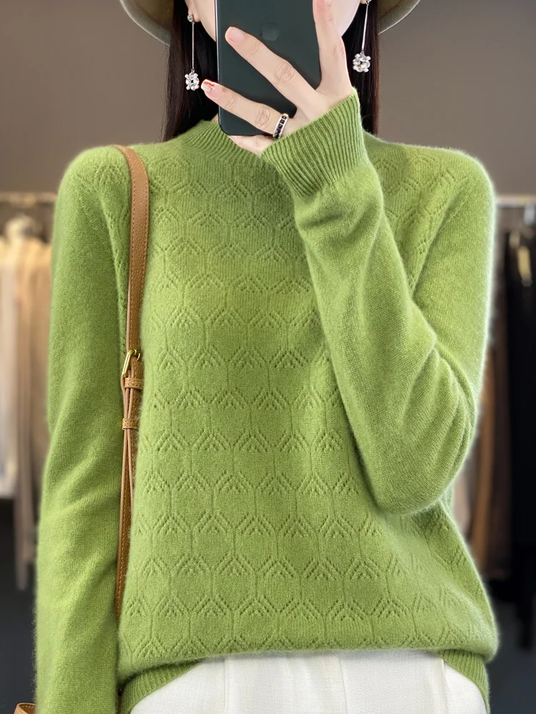 Women Autumn Sweater 100% Merino Wool Pullover Mock Neck Hollow Long Sleeve Cashmere Knitwear Female Clothing 2023 New Fashion