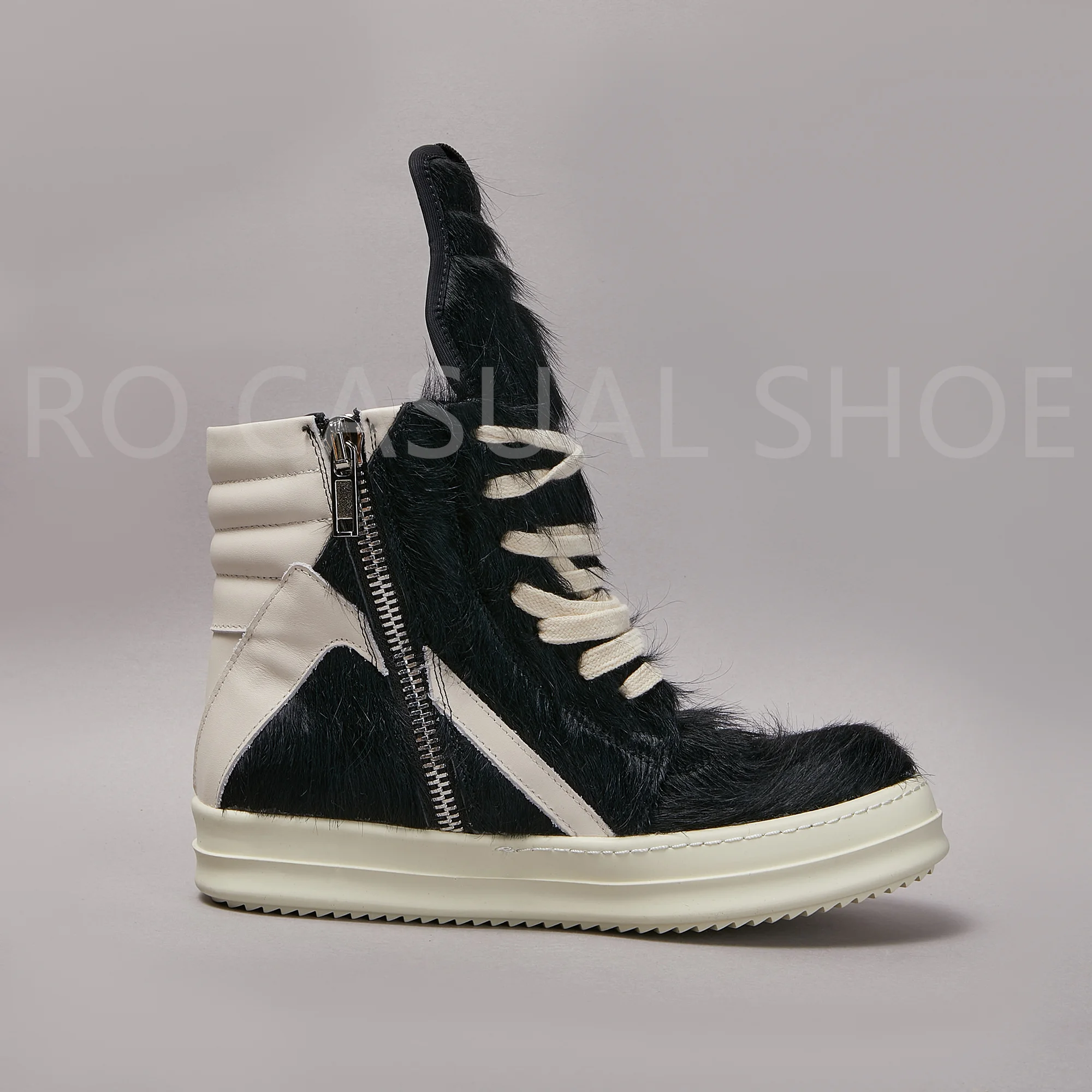 Ricks Genious Black Horse hair High Top Geobasket Owens Quality Men Shoe Zipper Women Sneaker Casual Owens Design boots & Shoes