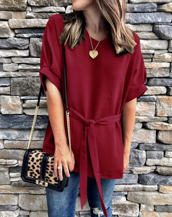 

Plus Size Women's Casual Loose T-shirt Top Elegant Solid Pullover Round Neck Bat Short Sleeve V-neck Top Fashion Summer Clothing