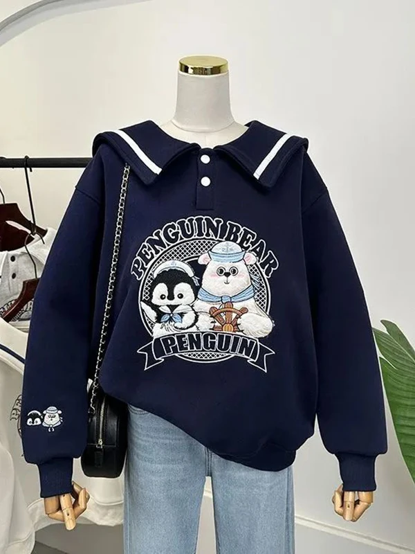 

Толстовка больших размеров с рисунком Fce на подкладке, темно-синий свитер с воротником, женская осенне-зимняя теплая толстовка больших размеров, универсальная, скрывающая мясо, модная J...