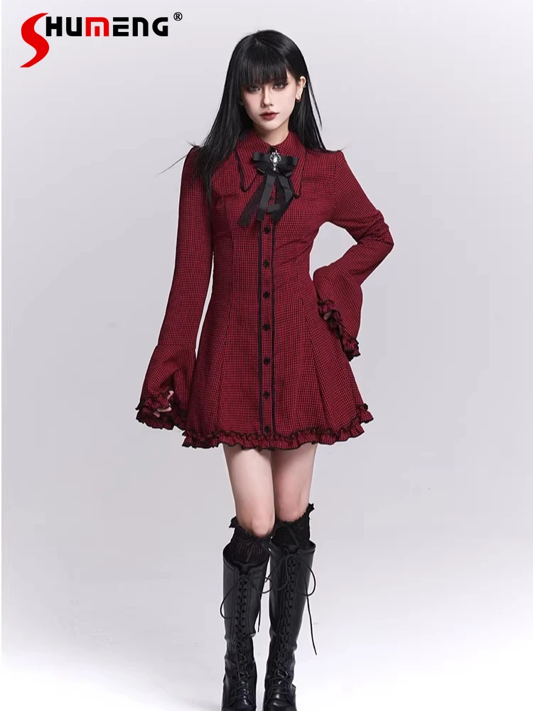 

Vintage Gothic Ruffled Flare Long Sleeve Single-breasted High Waist Slim Red Plaid Mini Dress Women Dark Academia Short Dresses