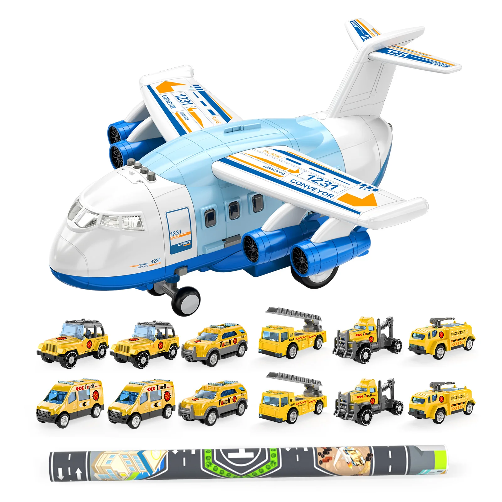 Storage Transport Plane with 12 Diecast Construction Truck Vehicles and Playmat, Airplane Toy with Mist Spray, Lights & Sounds,