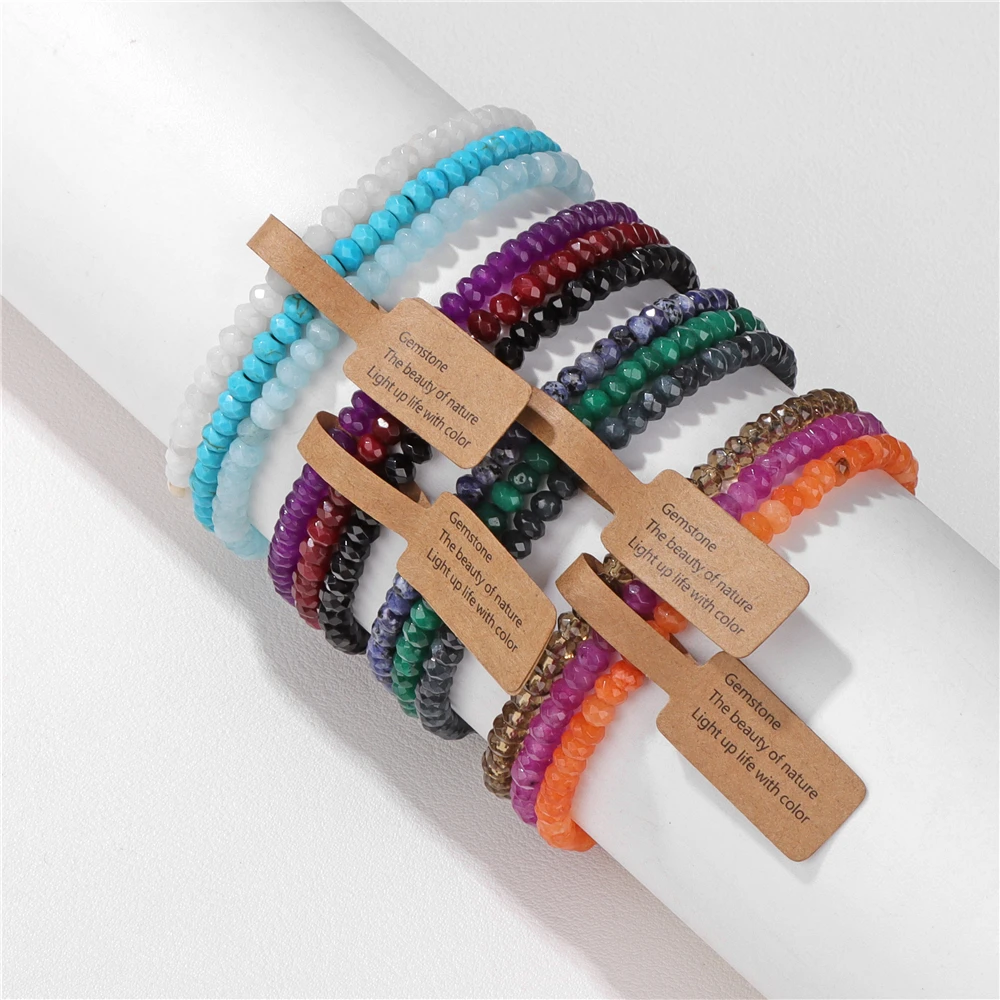 3pcs/Lot Faceted Natural Stone Beaded Bracelets With Wish Card 3*4mm Multicolour Crystal Elastic Bracelet Women Men Healing Gift