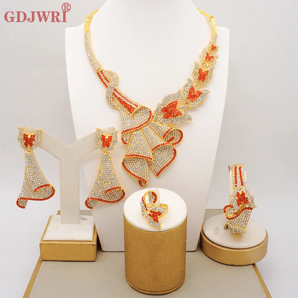 Latest Italian Dubai Gold Color Ladies Full Crystal Necklace Jewelry Set Simple Ring Bracelet Earrings African Jewelry Wedding