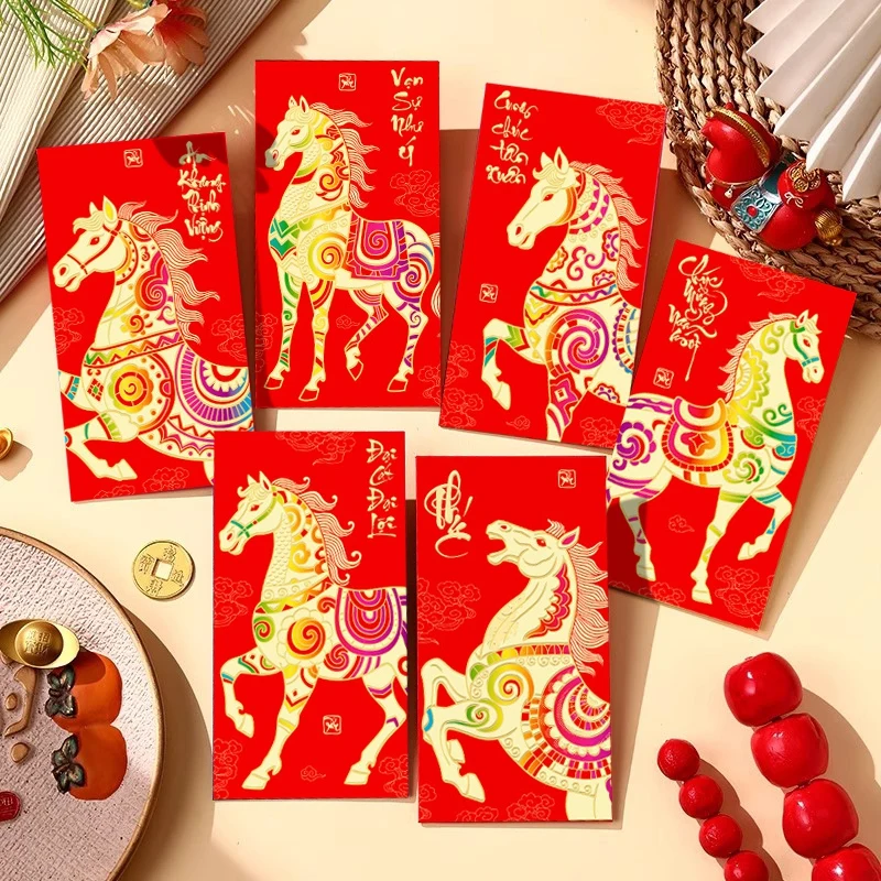 6 قطعة السنة الجديدة الفيتنامية المغلف الأحمر مهرجان الربيع الصيني محظوظ الأحمر المغلفات 2026 فيتنام هونغباو المال جيب الإمدادات #3