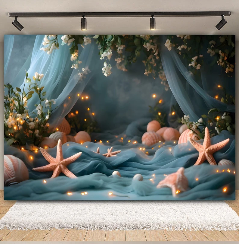 Underwater World Seabed Backdrop Ocean Undersea Starfish Coral Shell Green Gauze Tent Baby Birthday Party Photography Background