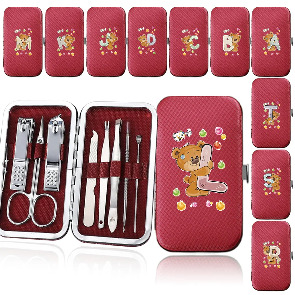 

8Pcs Portable PU Manicure Set Pedicure Nail Clippers Set Stainless Steel Grooming Care Tool Pocket Organizer Bear Letter Pattern