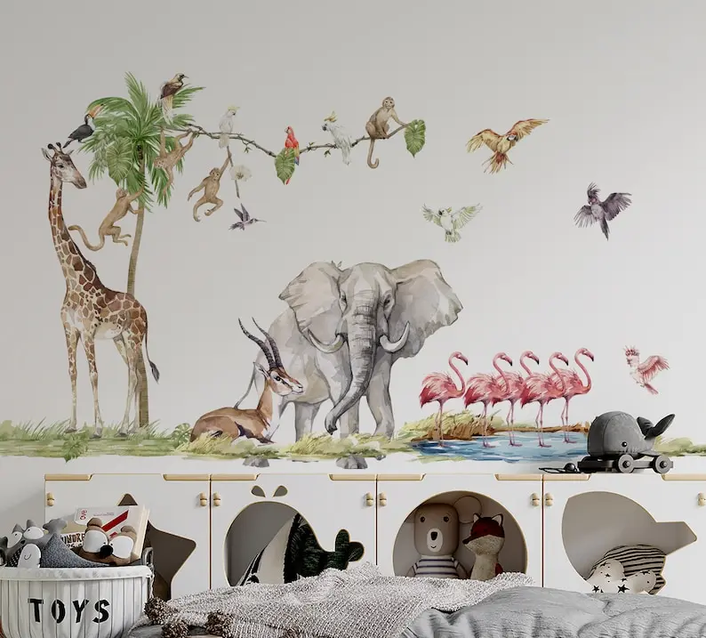 Safari Wall Decal Big Set, savanna Wall decal for kids, safari nursery decor, giraffe wall decal, zebra stickers, tiger sticker