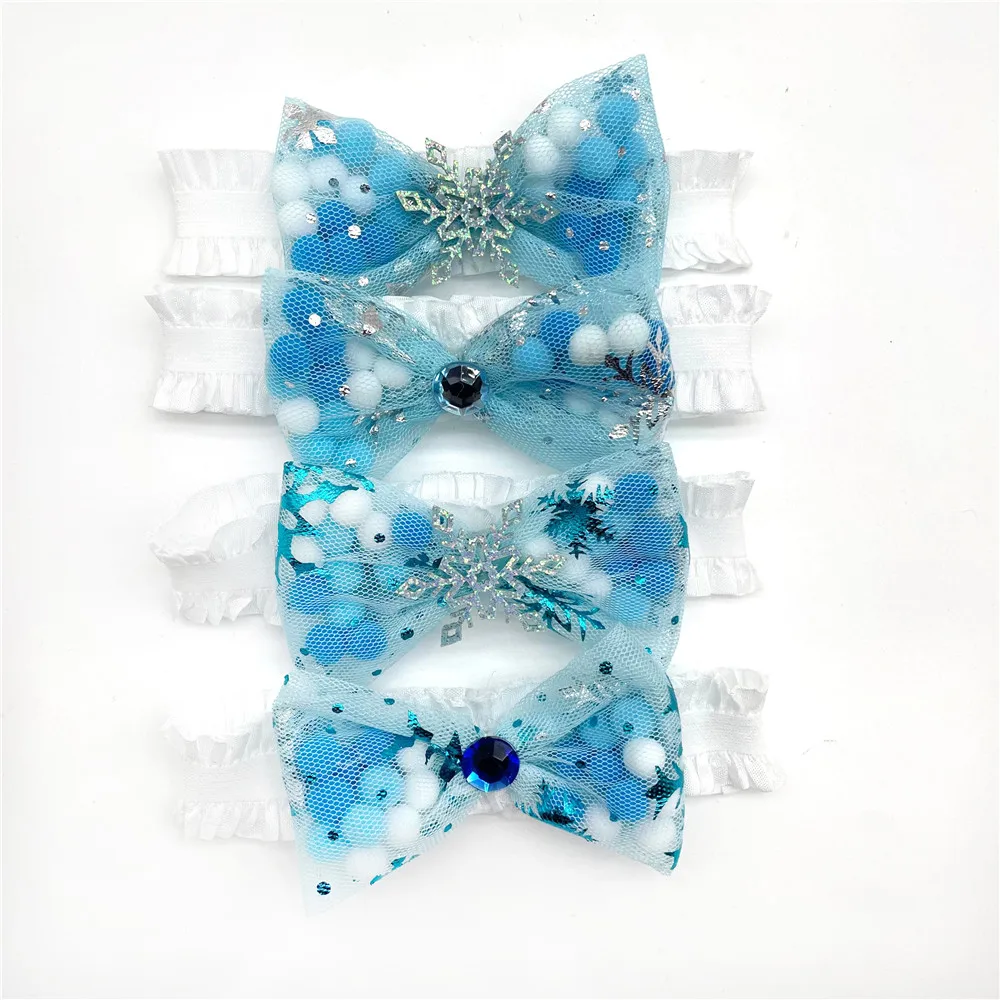 50pcs Cute Winter Style Small Dog Bow Tie Necktie Snowflake Blue Bows with Elastic Band for Small Dogs Cat Puppy Grooming Collar