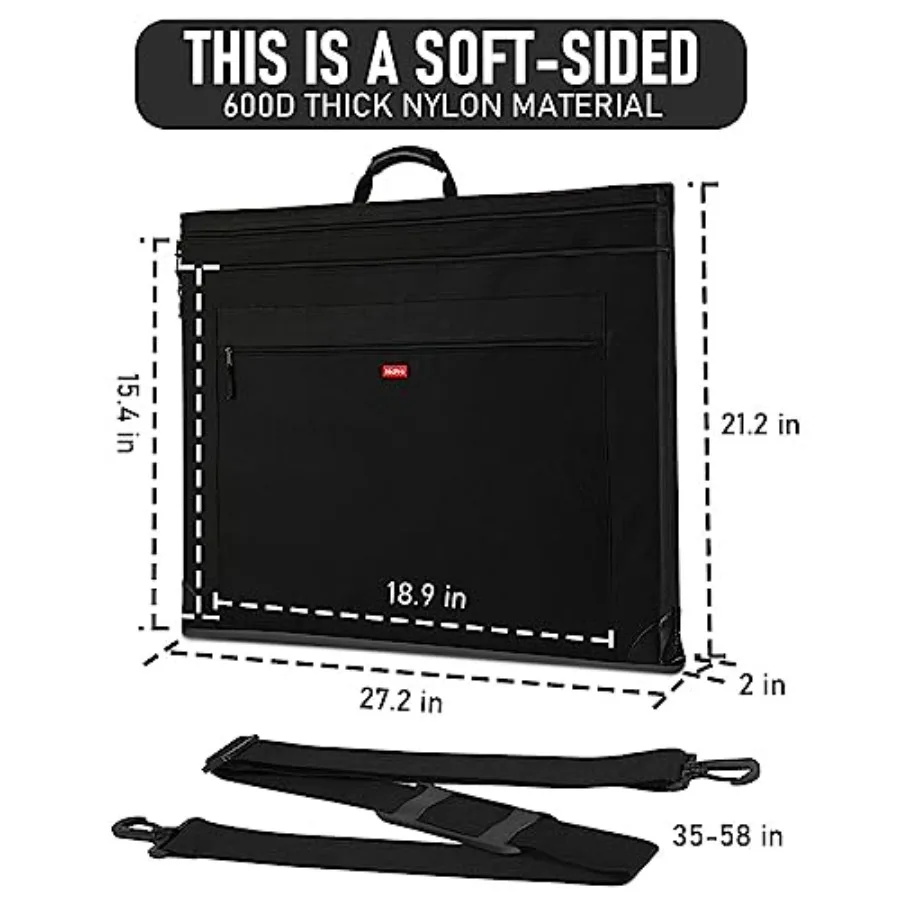 Lightweight Art Portfolio Bag 20x26 Inches Black Canvas Case with Detachable Shoulder Strap and Leather Corners for Protecting