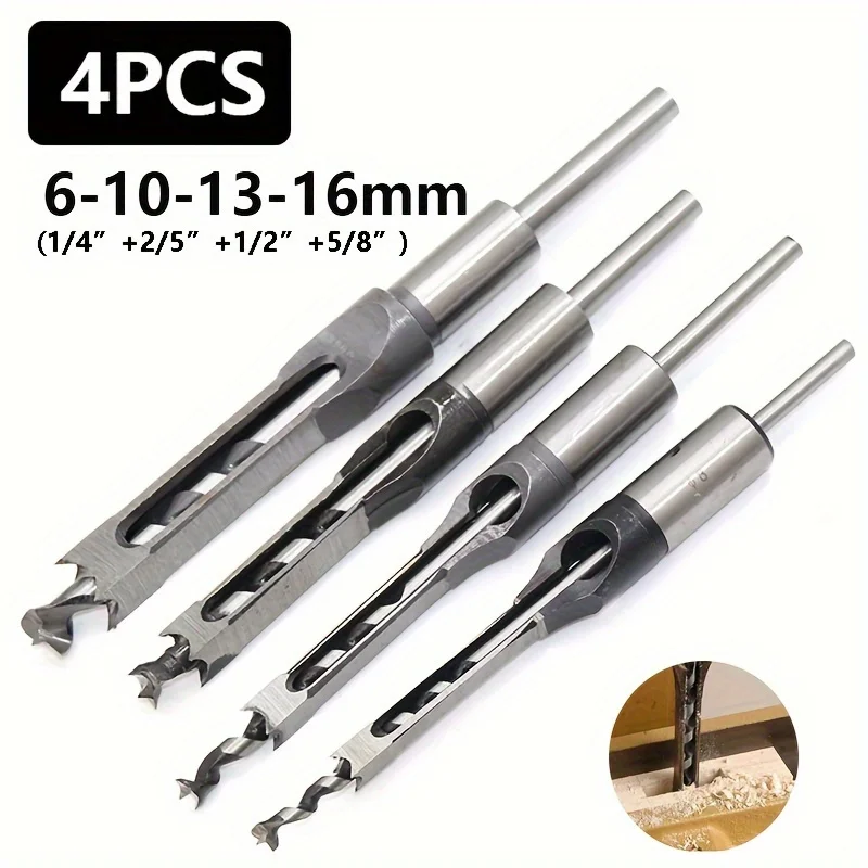 

4pcs High-Speed Steel Square Hole Drill Bit Set I Chisel & Twist Drill - 1/4" 3/8" 1/2" 5/8" Sizes for Wood/MDF/Pine/Basswood