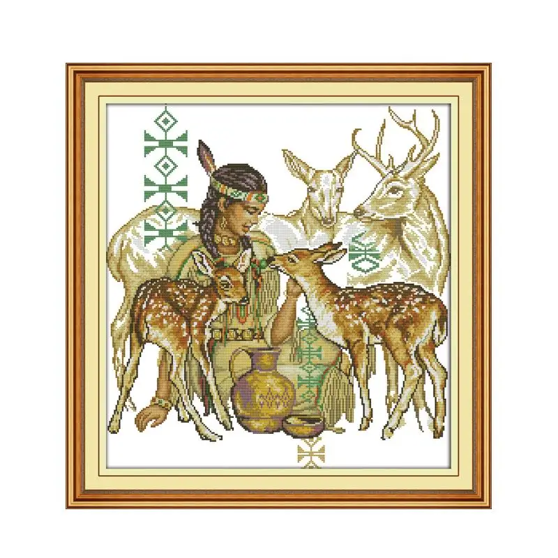 

A maiden feeding a deer cross stitch kit aida 14ct 11ct count printed canvas stitches embroidery DIY handmade needlework