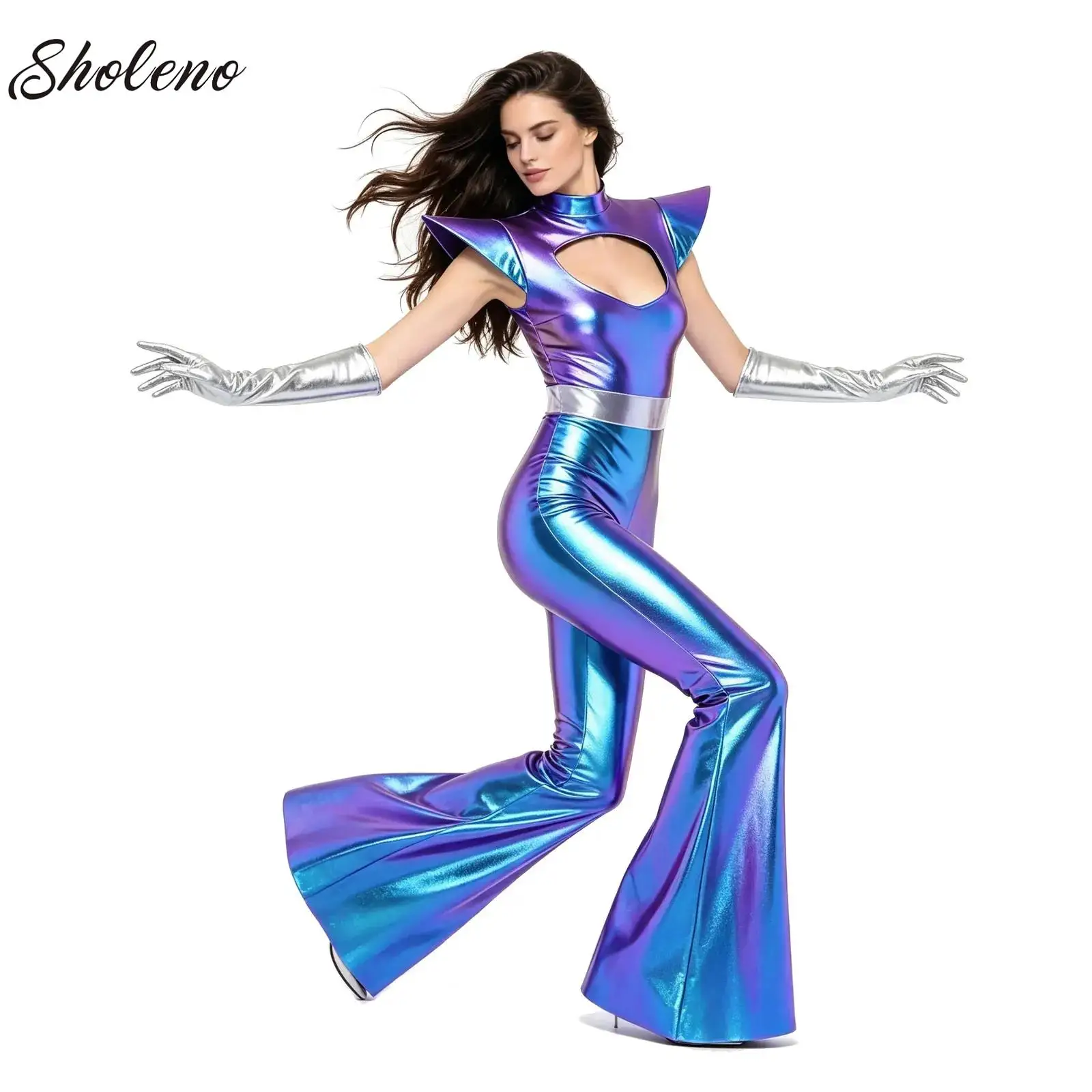 Traje de astronauta alienígena para mujer, mono espacial, disfraz de carnaval, cosplay, vestido espacial metálico brillante con cremallera, uniforme de cuerpo entero