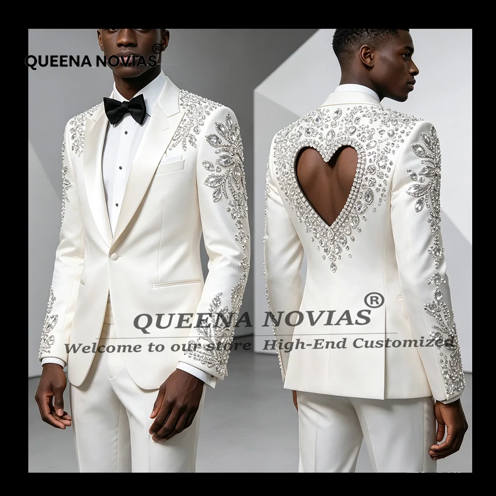 Exclusive Business Suits Men Formal Wear Jewelry Stones Prom Blazers Customized Cut-Out Design Groom Wedding Tuxedos Slim Fit