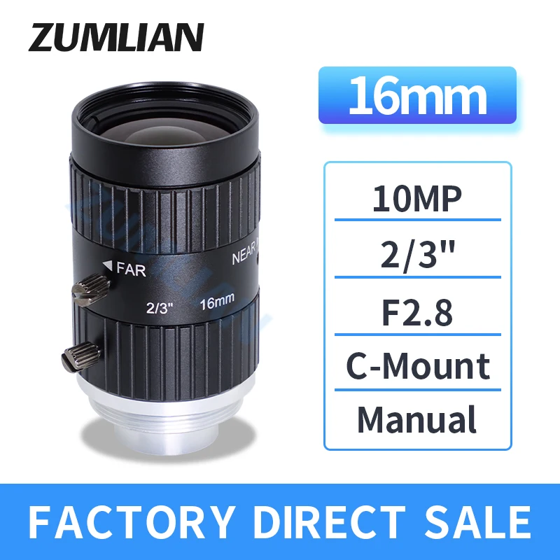 

ZUMLIAN 10MP Lens 16mm Low Distortion F2.8 C-Mount Lens 2/3 Inch Manual Iris CCTV Parts FA Optics Lens for Basler Cameras