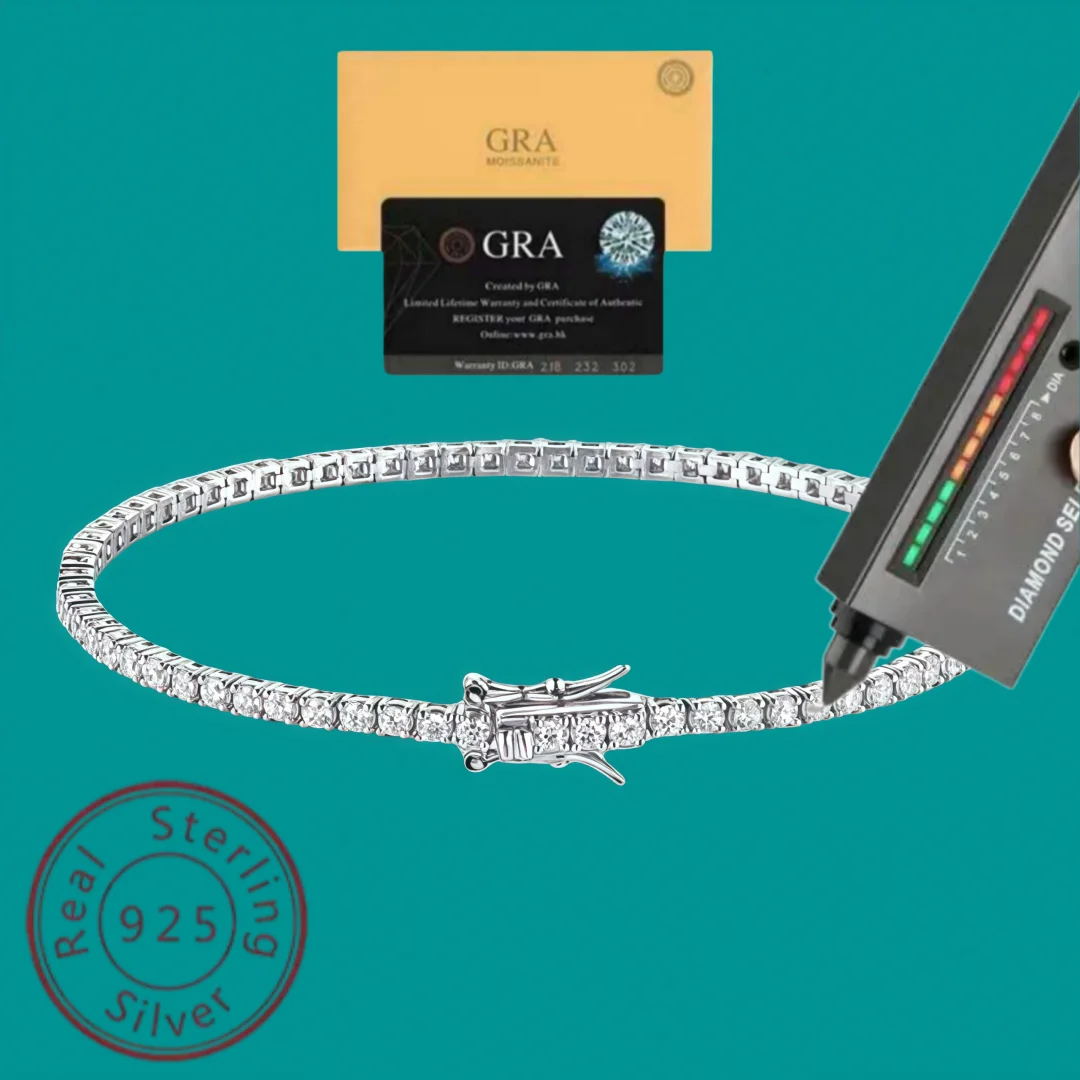 2mm D VVS1 Moissanite Tennis Bracelet Original s925 Sterling Silver Plated 18k White Gold with GRA Necklace for Women Man