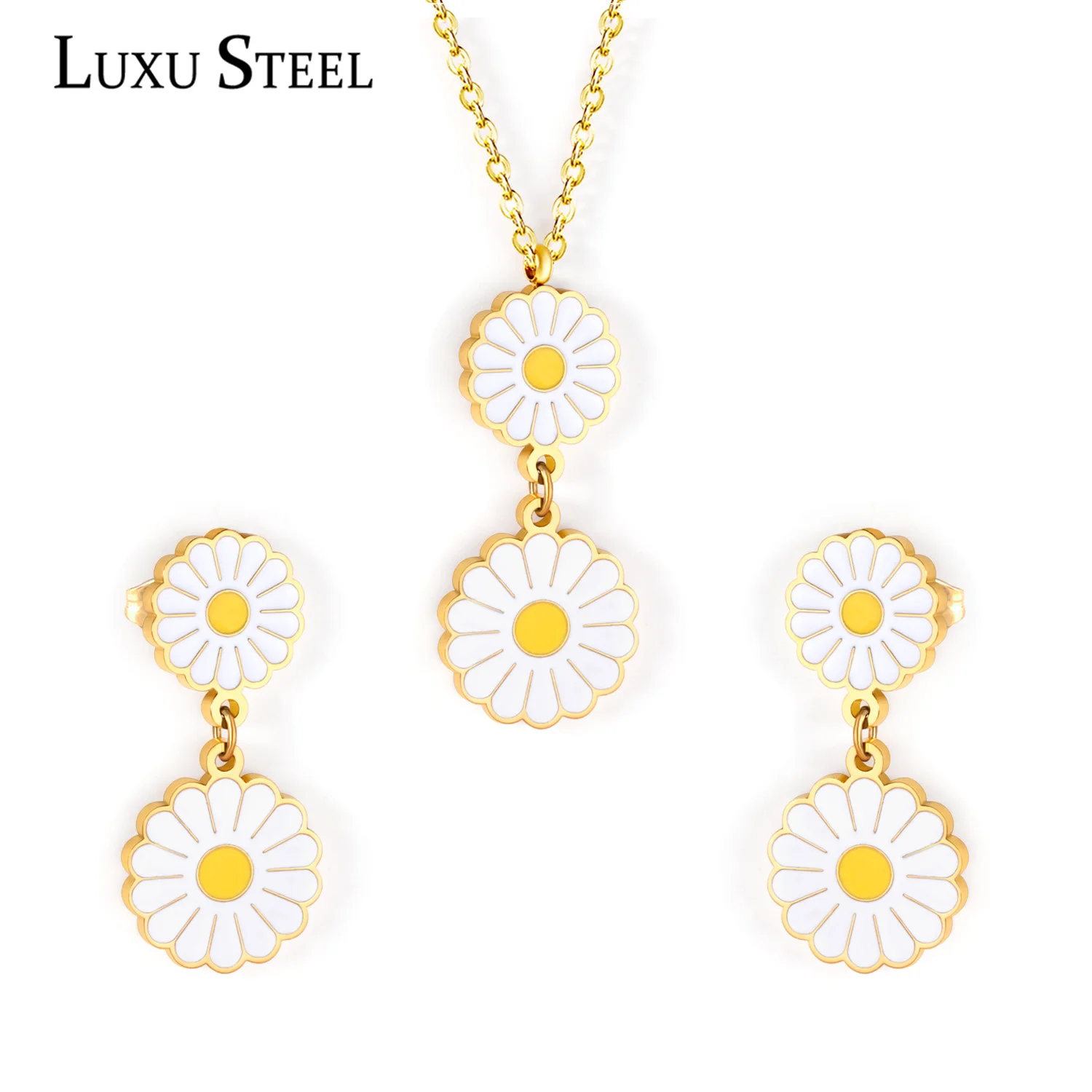 LUXUSTEEL Romantic Stlye Cubic Zirconia Dripping Oil Flower Necklace Earrings Set Bijoux White Color For Women Pendants Collars