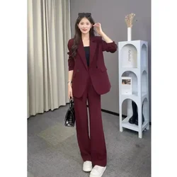 SuperAen Autumn 2024 New High-end Ol Style Red Color Blazer and Long Pants Women Two Pieces Set