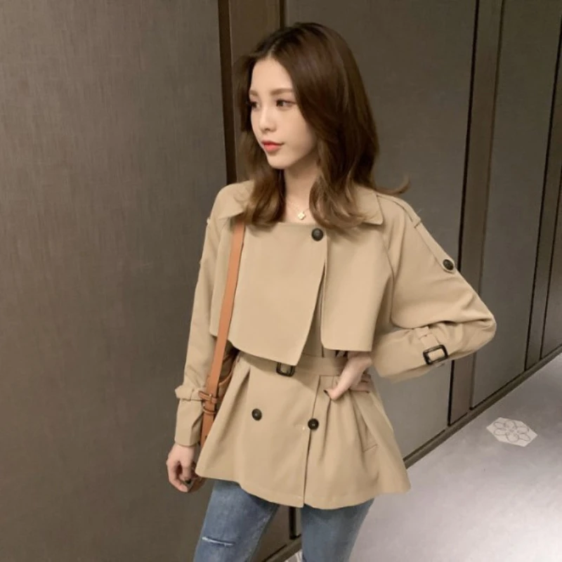 2024 Autumn Spring Loose Trench Coat New in Outerwears Short  Plus Size Coats Khaki Spliced Women Windbreaker Belted Outerwear