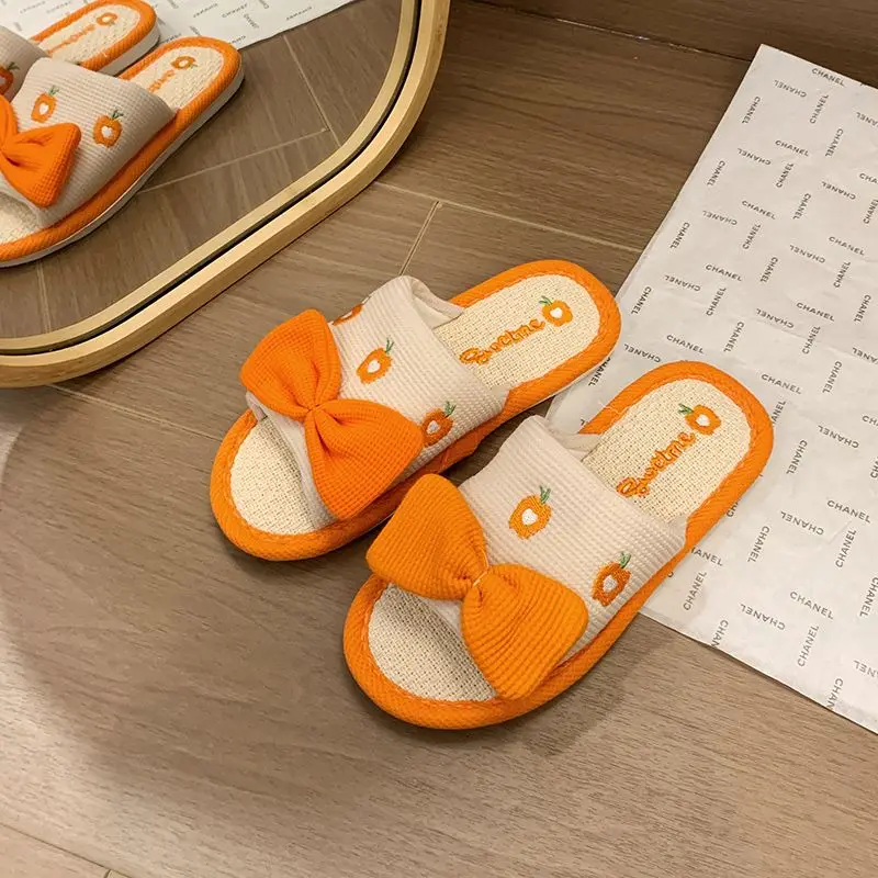 Lovely Women Bow Hemp Sandals Adults Comfortable Home Flat Slippers Couple Fashion Non-slip Flip Flops Girls Candy Colour Slides