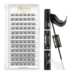 Quewel Lashes Clusters 72 Pcs DIY Eyelash Extensions Kit Bond and Seal Waterproof Long Lashting Segmented False Lash Glue Set