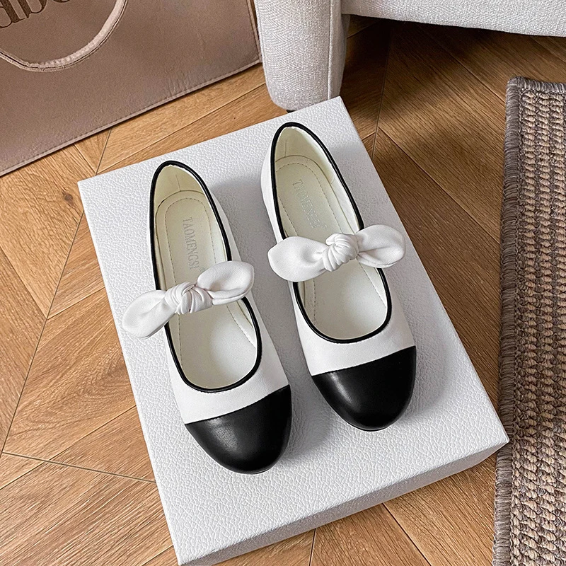 Bow-tie patchwork round-toe sheepskin versatile youthful low-cut Mary Jane shoes for women in spring