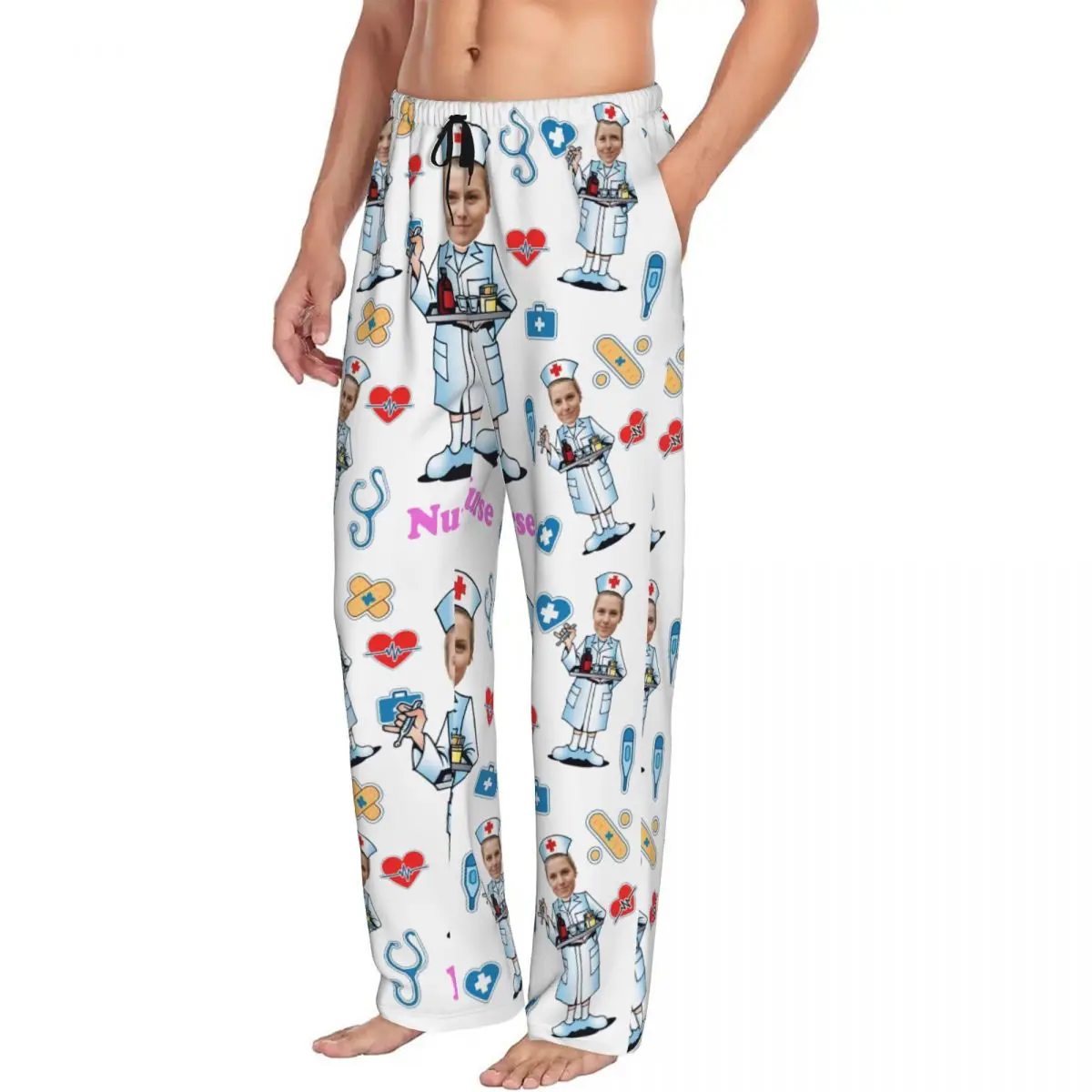 Nurse Custom Pajama Pants Sleepwear Men's Elastic Waistband Personalized Face Photo Print Sleep Lounge Bottoms with Pockets