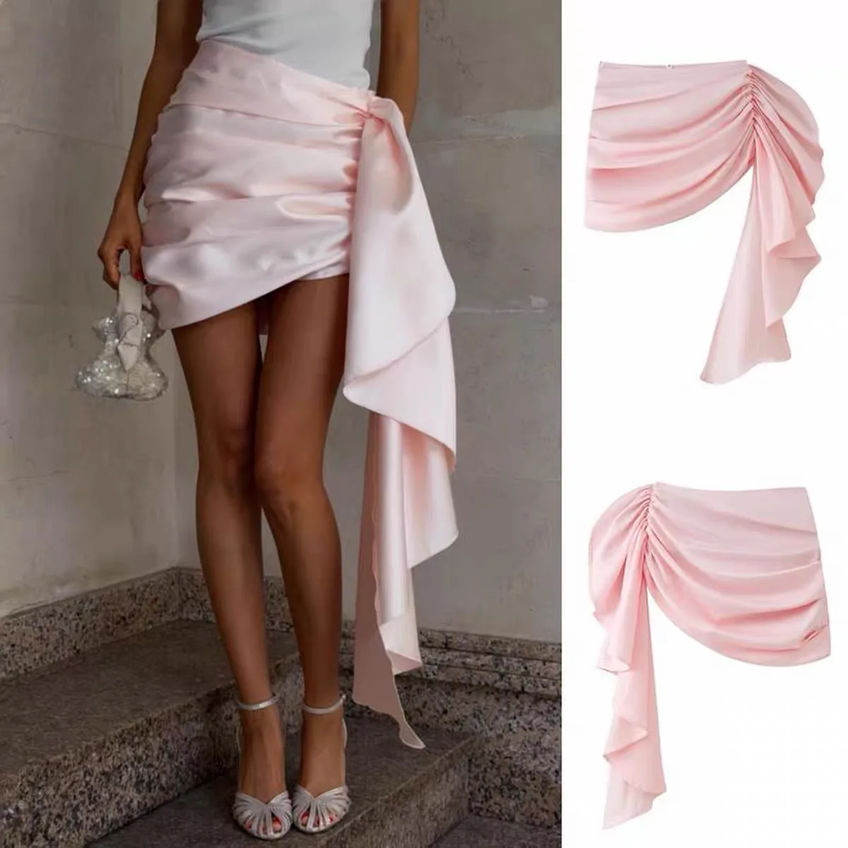 Fashionable Versatile Spring Summer New Arrival Women's Asymmetrical Sash Acetate Skirt mid Waist Fit Polyester Fiber