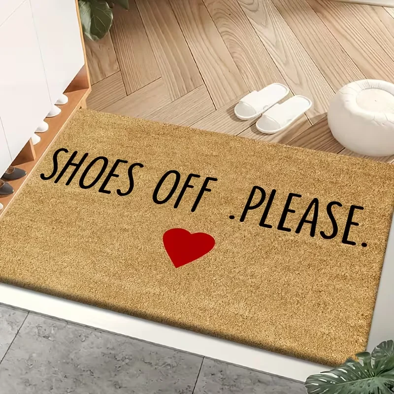 A Doormat Featuring The Phrase SHOES OFF. PLEASE Along with a Heart Design, Perfect for Entryways, Indoor Entrances