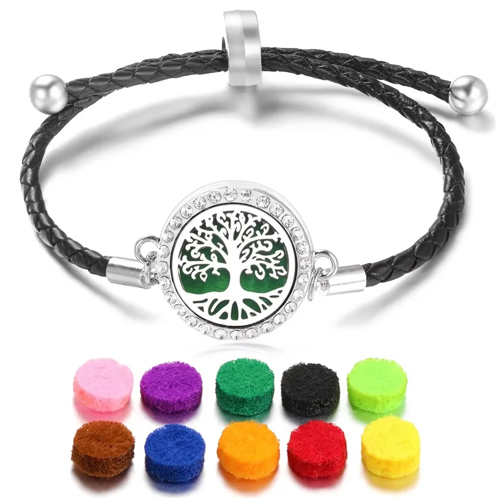 New Aromatherapy Crystal Leather Tree of Life Neutral Bracelets Essential Oil Diffuser Stainless Steel Perfume Lockets Jewelry