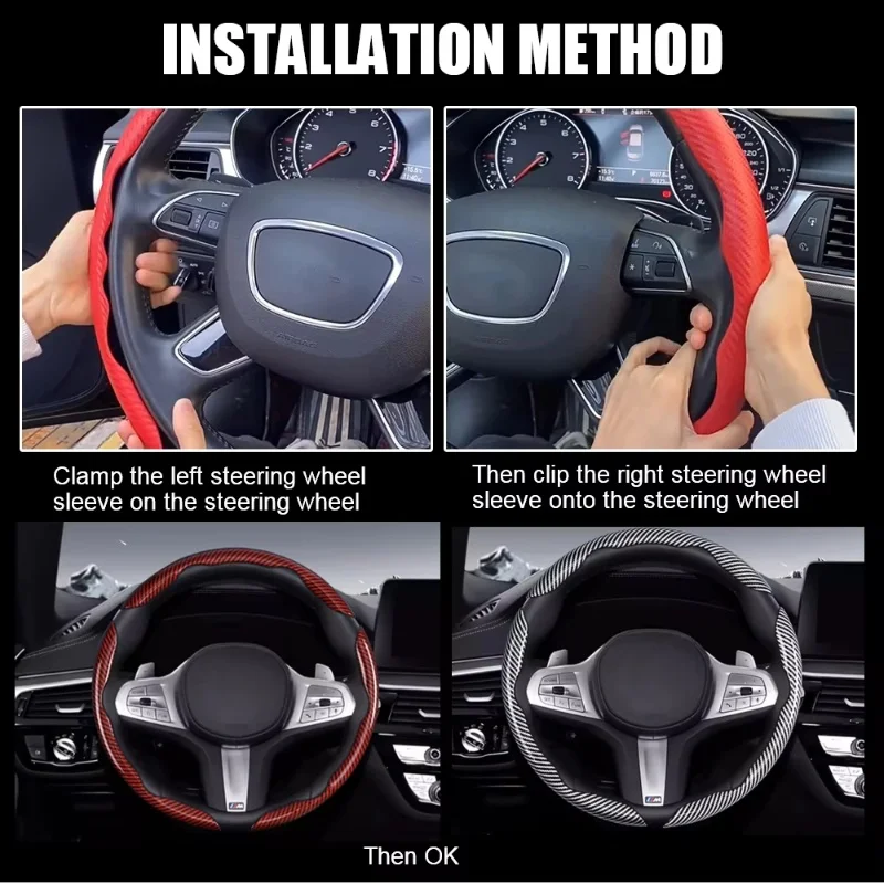 2/3PCS Laser Carbon Fiber Silicone Car Steering Wheel Cover 1K Micro Fiber Leather PVC Wheel Booster Cover Non-Slip Universal image 5