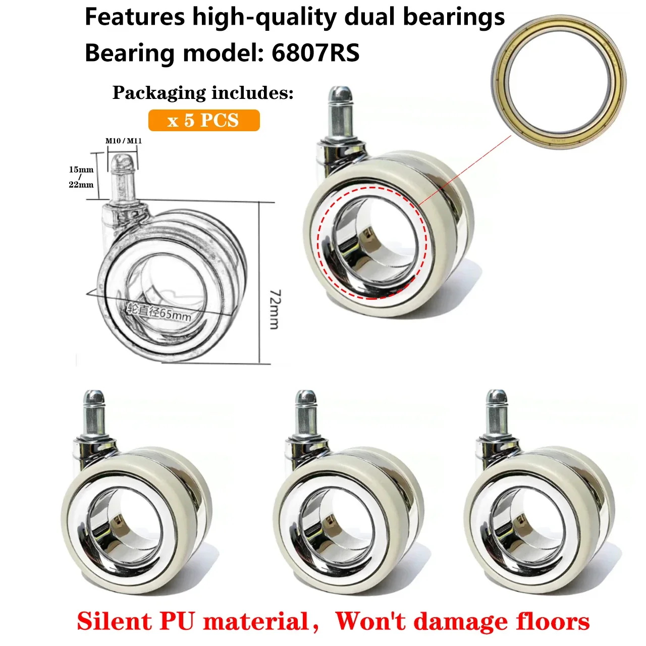 Premium 2.5-inch Pu Swivel Caster With Hollow Shaft Design-anti-tangle Universal Wheel Suitable For Office And Gaming Chairs