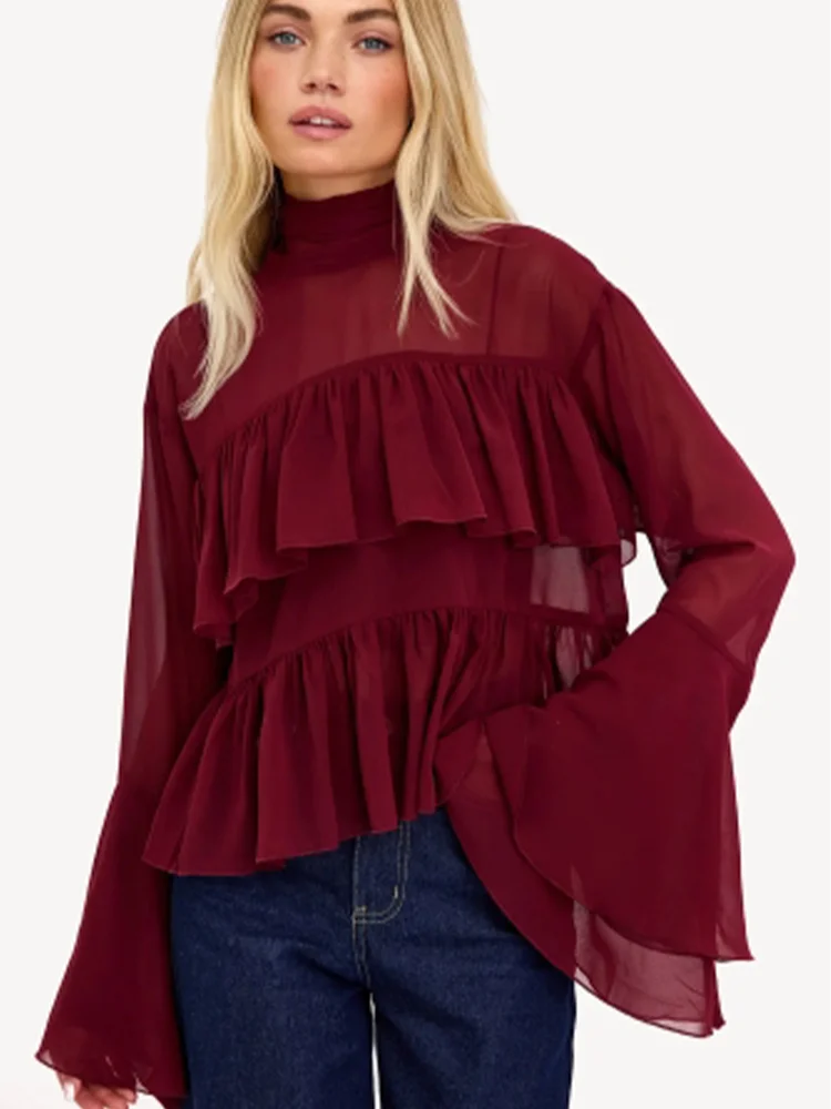 

Casual Pleated Ruffled Long Sleeved Solid Color Half High Collar Women's T-shirt Fashion Elegant Daily Commuting Summer Top