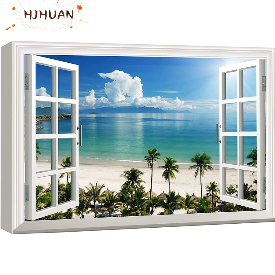 5D DIY False window, seaside scenery Diamond Painting Kit Full Drill Square Embroidery Art Picture of Rhinestones Decor Gift