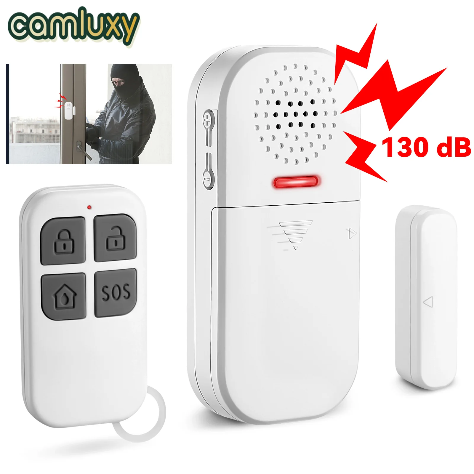 Camluxy 130dB luid deuralarm, instelbaar volume voor kinderveiligheid, huisbeveiliging, zwembadveiligheid, draadloze raamopen sensor met