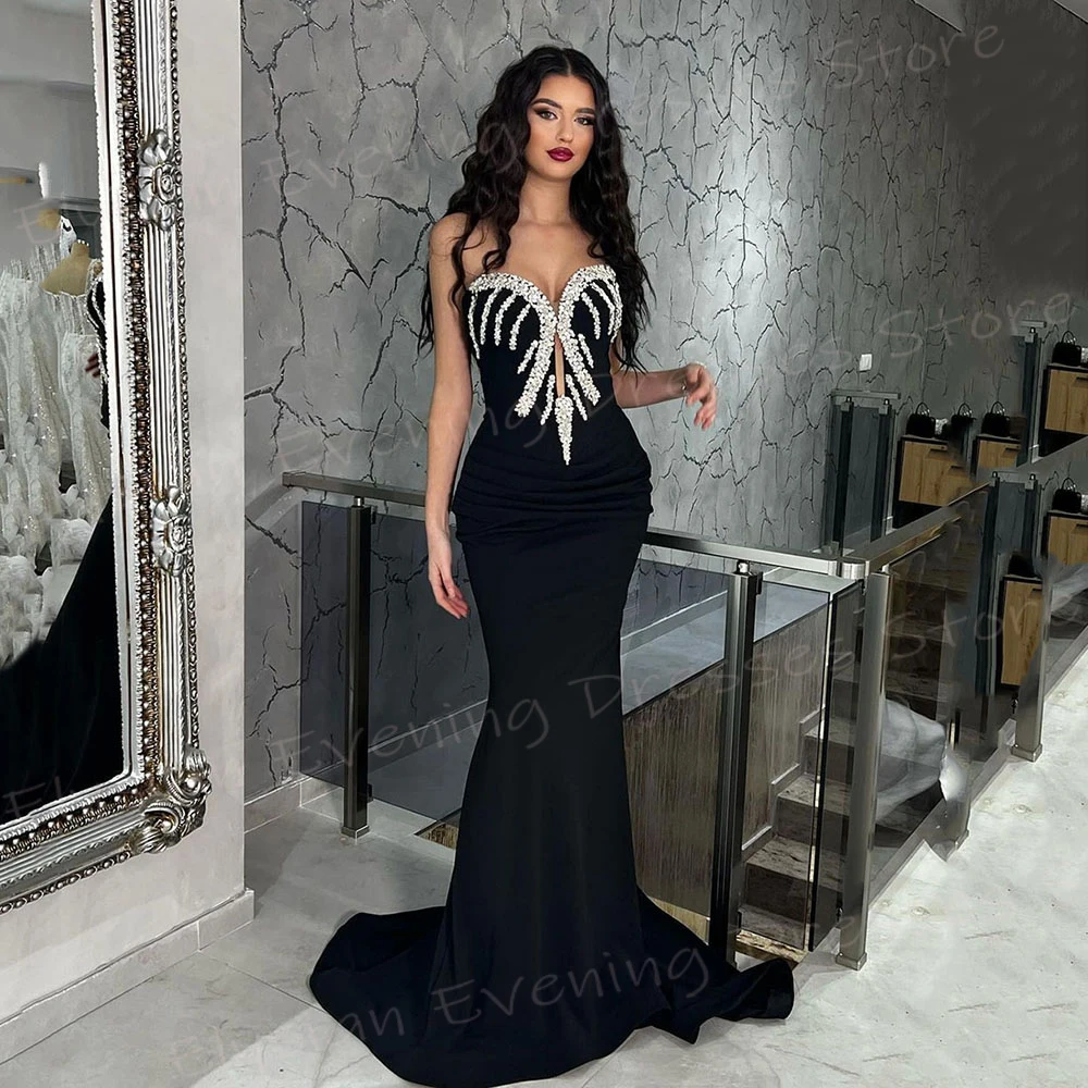 Charming Black Women\'s Mermaid Evening Dresses Elegant Strapless Sleeveless Customized Prom Gowns Formal Party Vestido De Noche