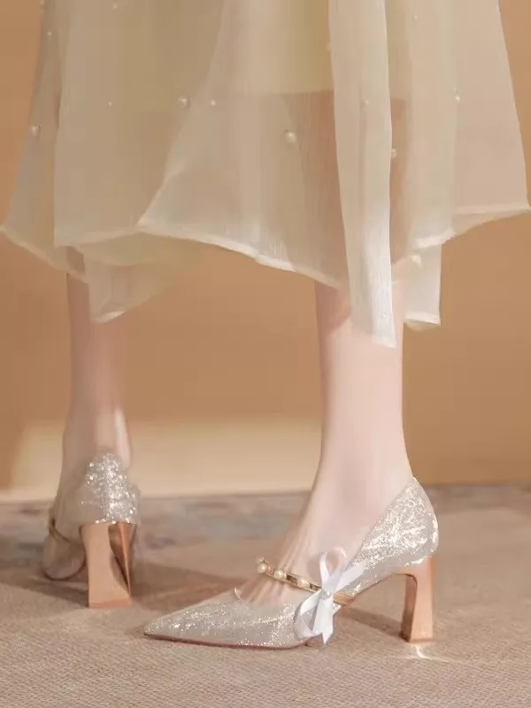 French-style feminine elegant wedding shoes with sturdy heels,sparkling crystals,suitable for bridesmaids,versatile two-way wear